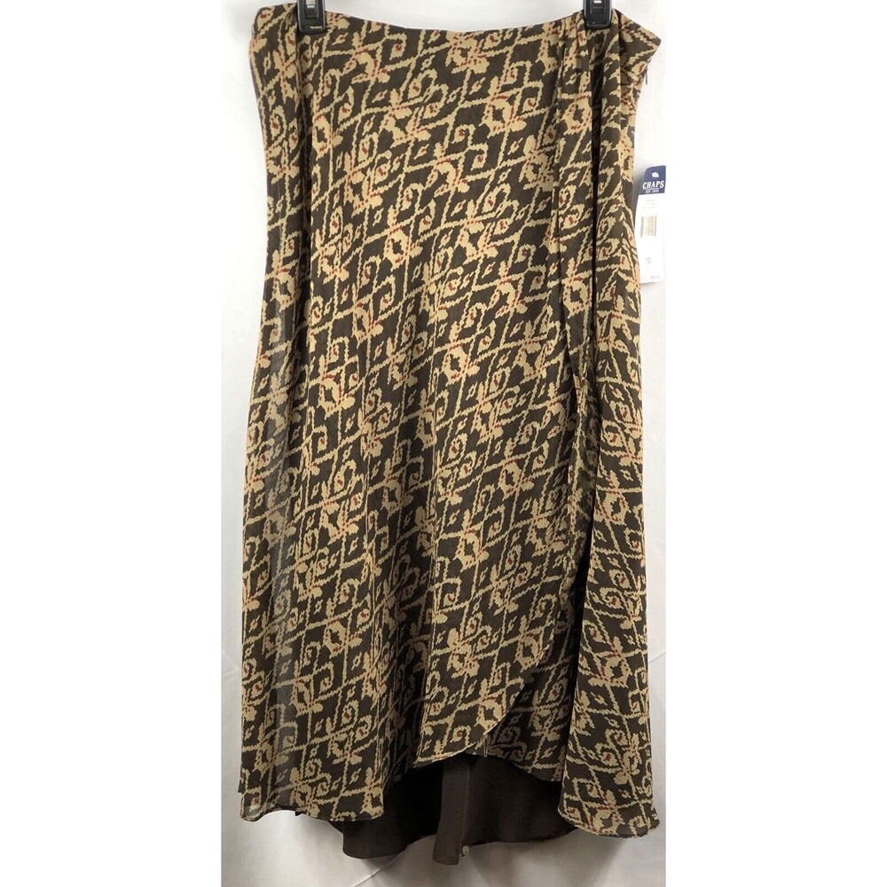 NWT RL Chaps Chiffon Midi Skirt 12 Brown Navajo Geo Layered Mock Wrap Tulip 32"W